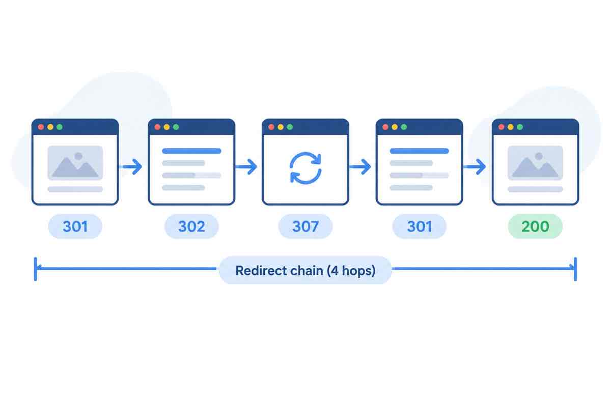 A chain of browser windows connected by arrows with a single-hop path highlighted